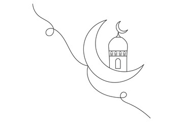 
Continuous one line art of moon icon ramadan isolated outline vector drawing illustration