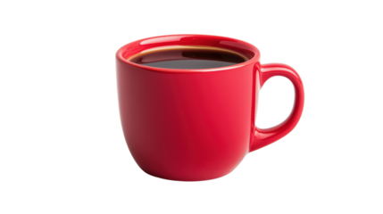 A vibrant red coffee cup filled with dark coffee, showcasing a sleek design and inviting warmth. isolated on white background.