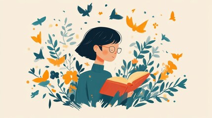 Illustrated person reading amidst vibrant butterflies and foliage, embodying a sense of tranquility and imagination in a serene environment.