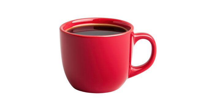 A vibrant red coffee cup filled with dark coffee, showcasing a sleek design and inviting warmth. isolated on white background.