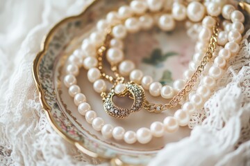 Fototapeta premium Rococo Revival Jewelry. Elegant pearl and gold necklaces rest on a floral plate with lace, evoking the Rococo Revival era's opulence and refined style.