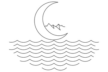 
Continuous one line art of moon icon ramadan isolated outline vector drawing illustration
