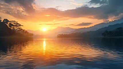 Fototapeta premium Serene Sunset Over Picturesque Lake in Sri Lanka - High-Quality Image for Adobe Stock