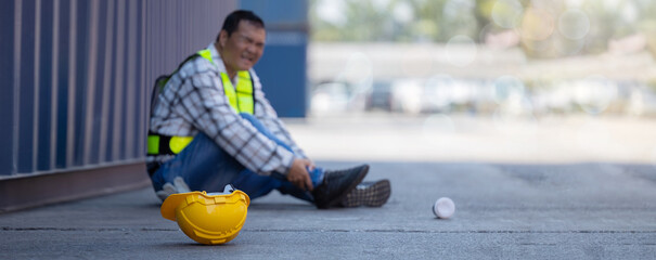 First aid support accident at work of worker at factory. Male worker has an accident on the floor...