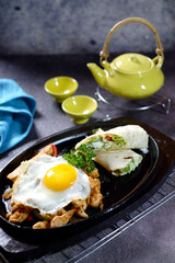 Close-up of breakfast consisting of fried egg 01