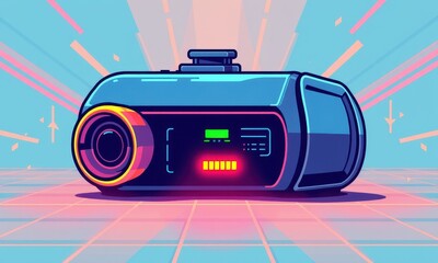 Fototapeta premium Brightly Colored Futuristic Tech Gadget with Neon Lights and Digital Display on a Geometric Background in a Vibrant Illustration