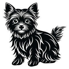 Yorkshire Terrier Dog Silhouette Vector Art. A clean black silhouette of a Yorkshire Terrier dog Sitting isolated on a white background.