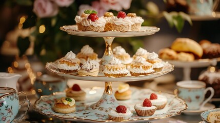Naklejka premium Rococo Sweets Display. A tiered stand laden with delicate pastries and cupcakes, reflecting Rococo Revival elegance and offering an opulent tea time treat.