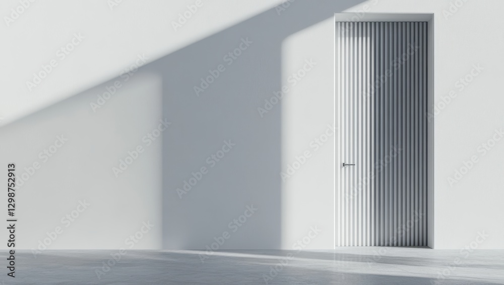 Poster minimalist design of a white door with vertical lines casting shadows in an empty room with soft nat