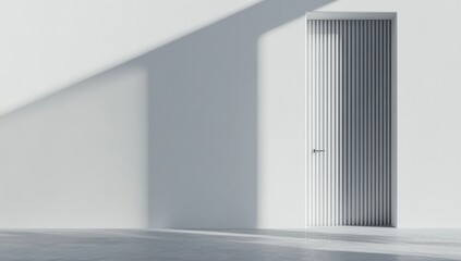 Fototapeta premium Minimalist design of a white door with vertical lines casting shadows in an empty room with soft natural light creating a calm atmosphere