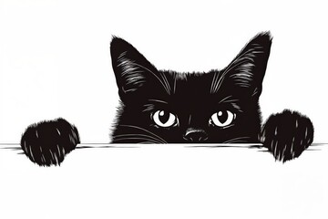 Un gato negro asoma su cabeza y patas, mirando curiosamente desde detrás de una superficie.