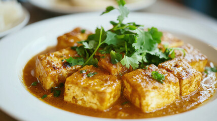 Delicious tofu in golden coconut curry garnished with fresh herbs