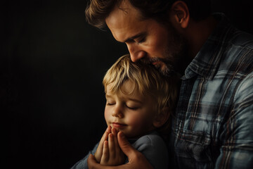 Father and Son Praying Together in Warm Light