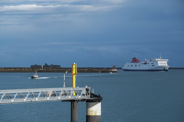 Passenger and cargo roro ferry Horizon arrival into port of Le Havre, France from Newcastle, England	
