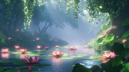 enchanting lotus pond in a misty forest