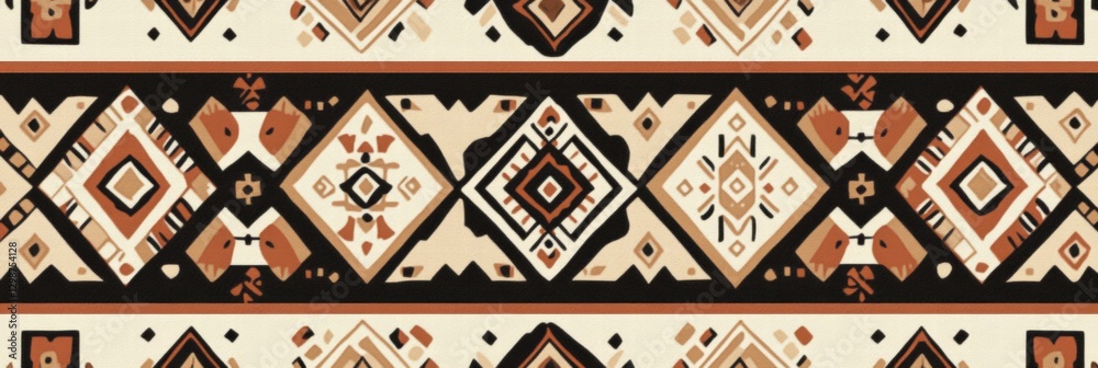 Poster colorful geometric textile pattern showcasing intricate designs in earthy tones and contrasting colo