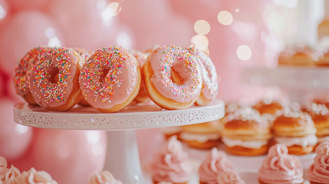 Delicious pink glazed doughnuts with colorful sprinkles on stand, surrounded by sweet treats