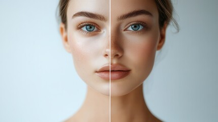 A split-face portrait of a woman showcasing a makeup transformation. One side natural, the other bold and stylish. A striking contrast in beauty and self-expression.