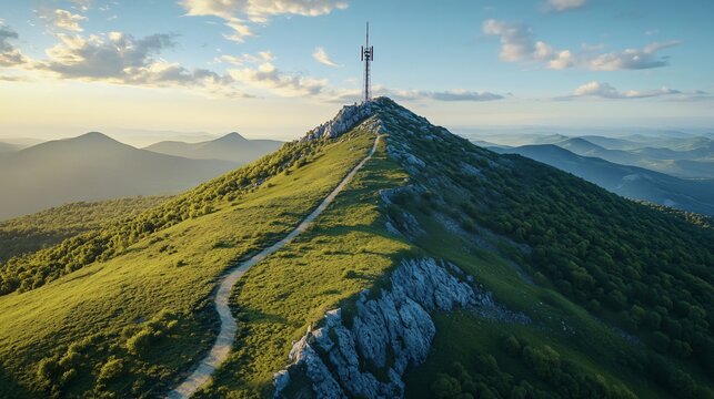 Aerial Drone View Sleza Mountain TV Tower Landscape Photography Summit Travel Destination Outdoor Nature Scene