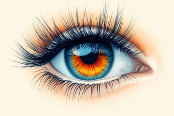 Fototapeta premium Vivid and Detailed Close-Up Illustration of a Blue and Amber Human Eye with Long Eyelashes, Showcasing Intricate Color Patterns and Realistic Textures