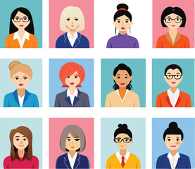 People Icons Set. Team Concept. Diverse business men and women avatar icons. Vector illustration of flat design people characters.