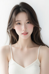 Female Asian Model with Long Hair - Young Beautiful Woman with Wavy Hair - Studio Portrait of Asian Beauty for Fashion, Cosmetic, Skincare - Posing on White Background - Smooth Styled Hair