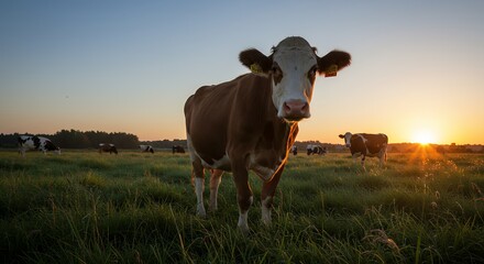 Cow Grazing in a Lush Green Field at Sunset in Rural Landscape