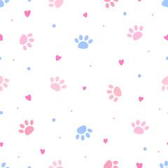 Cute Pastel Paw Print Seamless Pattern with Hearts for Pet Designs, Cute pastel paw prints and hearts seamless pattern
