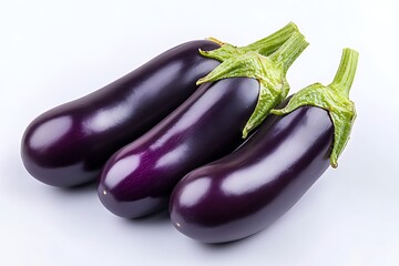 Three shiny dark purple eggplants with green stems on a white background.