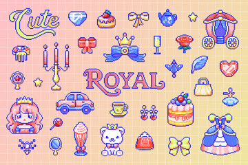 Royal Pixel Art Designs and Patterns with Cartoon Princess Elements and Cute 8 Bit Retro Pastel Aesthetic, Cute pixel art princess and royal icons collection  © Takoyaki Shop