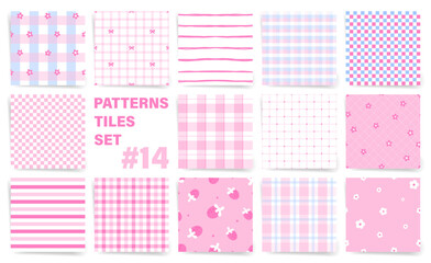 Cute pink patterns tiles set with checks, bows, stripes, and flowers. Cute Pink and Pastel Seamless Pattern Set with Gingham, Floral, and Striped Designs