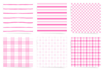 Minimalist Pink Stripes, Gingham, and Grid Seamless Pattern Set for Cute and Modern Designs, Pink stripes and checks pattern tiles set
