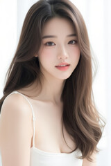 Fototapeta premium Female Asian Model with Long Hair - Young Beautiful Woman with Wavy Hair - Studio Portrait of Asian Beauty for Fashion, Cosmetic, Skincare - Posing on White Background - Smooth Styled Hair