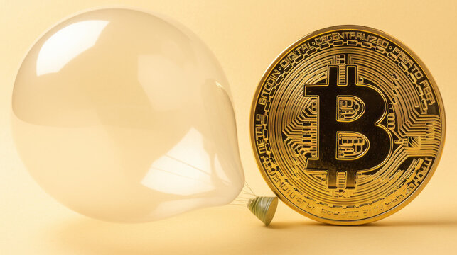 Bitcoin crash, Crypto price drop sell-off. A bitcoin coin next to a translucent balloon on a soft background.