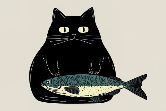 Un gato negro grande mira a la c&aacute;mara con un pez frente a &eacute;l, en un dise&ntilde;o simple y colorido.