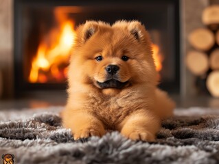 Chow Chow Puppy Lying Near Fireplace with Cozy and Fluffy Rug