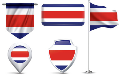 A set of 5 different designs of the Costa Rica flag in various shapes