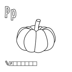 Alphabet for coloring, letter P, vector illustration, fruit and vegetable alphabet