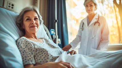 Fototapeta premium Elderly patient in hospital bed with caring doctor