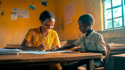 African school. Teacher helping young student in classroom