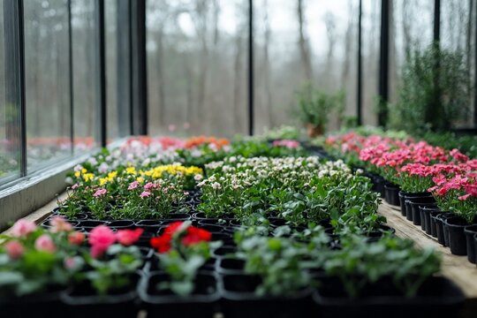 Un invernadero lleno de coloridos maceteros con flores diversas, creando un ambiente vibrante y natural.