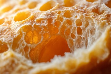 Primer plano de la textura esponjosa del pan, destacando burbujas y matices dorados.