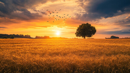 Fototapeta premium Golden Wheat Field at Sunset with Lonely Tree and Flying Birds