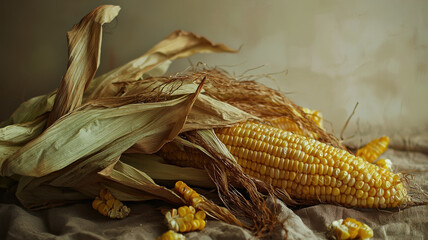 Fresh golden corn on cob with husks and kernels scattered, evoking summer vibes