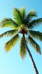 Leaning palm, vibrant green fronds against clear sky, stock photo, palm, vacation
