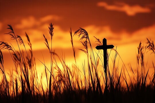 solitary black cross silhouetted against a fiery orange sunset tall grass swaying in the breeze stark and contemplative spiritual resonance