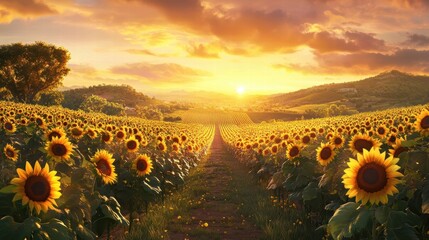Fototapeta premium sunflowers at sunset tuscan landscape