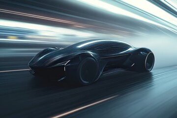 The sleek, modern electric car speeds down a digital highway, with a futuristic urban backdrop illuminated by the warm glow of sunset.