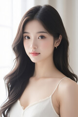 Naklejka premium Female Asian Model with Long Hair - Young Beautiful Woman with Wavy Hair - Studio Portrait of Asian Beauty for Fashion, Cosmetic, Skincare - Posing on White Background - Smooth Styled Hair