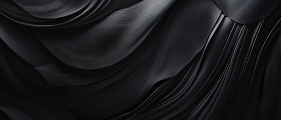 Obraz premium Abstract black fabric texture with smooth waves, elegant drapery background, luxurious textile design for fashion, art, advertising, and creative projects.
